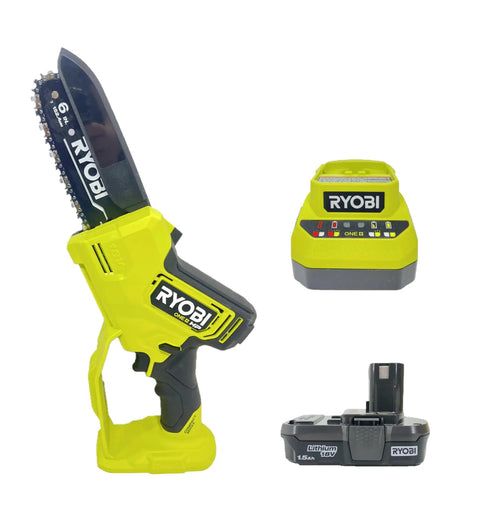 18V Brushless Compact Pruning Mini Chainsaw Kit With Battery and Charger, 6 Inch Bar, shown with accessories