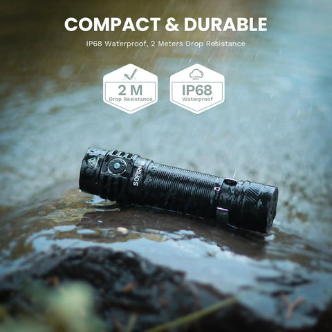 Rechargeable EDC Flashlight 1800 Lumen Output Beast Mode Bright Pocket Light in rugged waterproof design on wet rocks