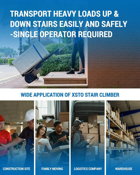 Xsto Electric Stair Climbing Hand Truck Heavy Duty Folding Dolly Cart 550 Lb Capacity in use on stairs transporting heavy loads.