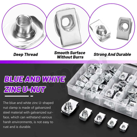 Stainless Steel Auto U Clip Kit 50Pcs 5 Sizes U Nut Assortment With Storage Box For Dash Door Panel Interior Trim Fasteners