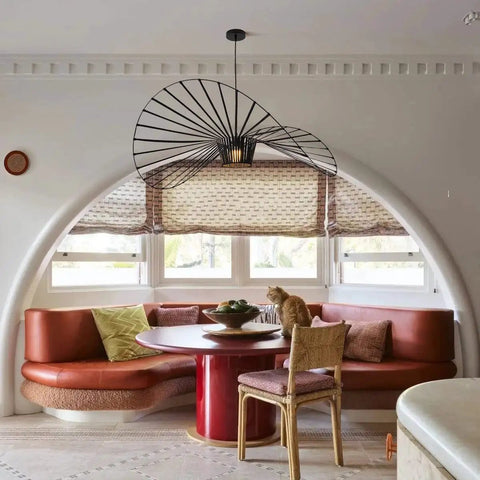 Room with Black Vintage Chandelier With Straw Hat Shape Pendant Light, D39 Dope Boho Modern Farmhouse Ceiling Fixture.