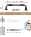 Illustration of dimensions and installation for Ten Pack 3 Inch Retro Arch Lotus Drawer Pulls Cabinet Handles Antique Brass Hardware.