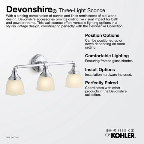 Devonshire three-light sconce with frosted glass shades and brushed finish, highlighting position options and vintage design.