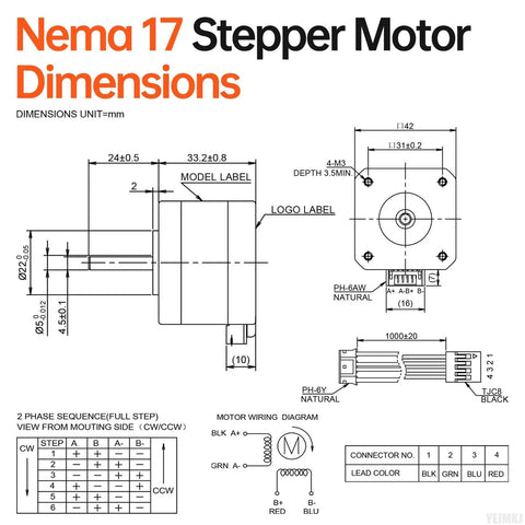 Three Pack Nema 17 Stepper Motors 2 Phase 1.8 Degree High Torque Bipolar 0.29Nm 34mm Body With 4 Lead Wires 1m Cable diagram