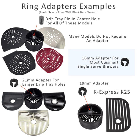 Anti Splash Cup Riser For Keurig And Cuisinart Single Serve Coffee Makers adapters with various sizes and drip tray fitting options.