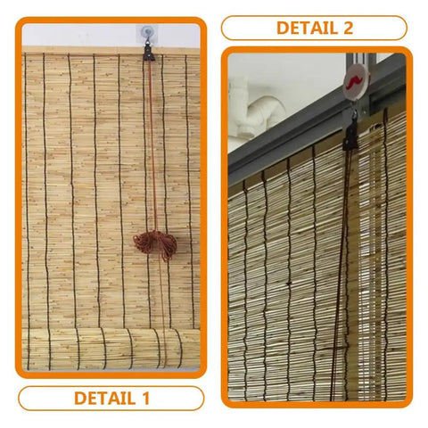 Top Tier Roller Shade Lift Cords and Bamboo Shade Strings for Smooth Pull Replacement Kit detail images of bamboo shades and lift cords.