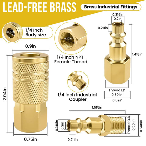 Image showing Three Pack One Quarter Inch NPT Brass Air Coupler And Plug Kit With Quick Connect Fittings dimensions and features.
