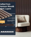 Premium Acoustic Wood Slat Wall Panels with Sound Absorbing Properties for Noise Reduction Rustic Walnut Wood Slat Panels for Interior Wall Decor Easy Install 4 Piece Set showing wood and fabric layers with dimensions.