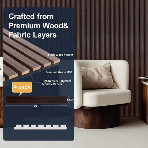 Premium Acoustic Wood Slat Wall Panels with Sound Absorbing Properties for Noise Reduction Rustic Walnut Wood Slat Panels for Interior Wall Decor Easy Install 4 Piece Set showing wood and fabric layers with dimensions.