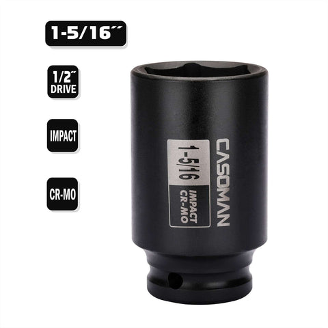 Beefy Half Inch Drive 6-Point Deep Impact Socket 1-5/16 Inch SAE Cr-Mo High Torque For Axle Shaft Nuts Corrosion-Resistant Tool