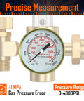 Front view of brass gas regulator with pressure gauge for Argon/CO2 welding, CGA580 inlet.