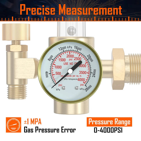 Front view of brass gas regulator with pressure gauge for Argon/CO2 welding, CGA580 inlet.