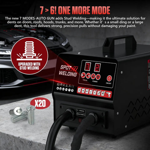 High Power Stud Welder Dent Repair Kit With Auto Body Spot Welding Machine 4200A 3500W shown with accessories on display