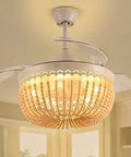 42 Inch Wood Bead Boho Ceiling Fan Chandelier With Remote Control, Retractable Blades, Chill Farmhouse Style, Light On