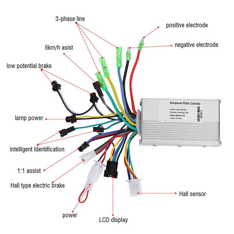 48V Brushless Motor Controller With LCD Display For Electric Vehicles High Efficiency Speed Control System with labeled wiring diagram.