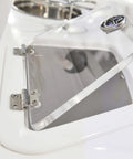 Barrel Up Friction Hinge in 316 Stainless Steel for lightweight boat doors and lids, showing installed hinge on compartment
