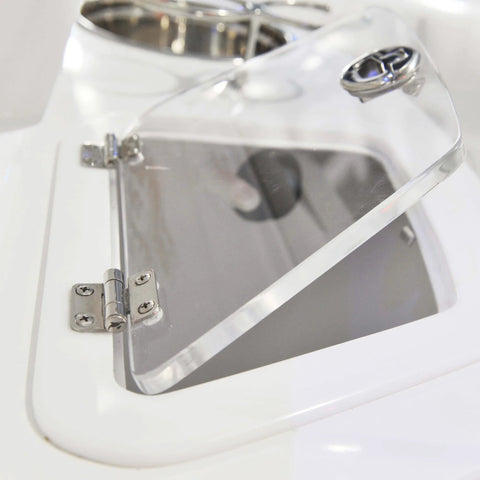 Barrel Up Friction Hinge in 316 Stainless Steel for lightweight boat doors and lids, showing installed hinge on compartment