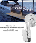 Close-up of 316 stainless steel 90° boat door stopper catch mounted on a yacht