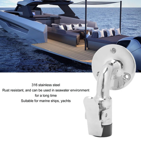 Close-up of 316 stainless steel 90° boat door stopper catch mounted on a yacht