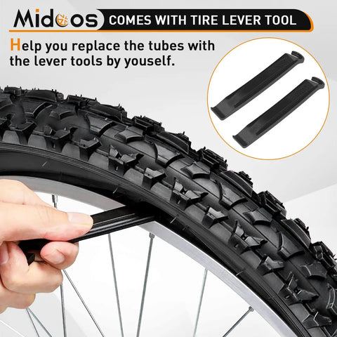 Close-up of using tire lever on Folding 20x2.125 Mountain Bike Tires Pack With Levers and Schrader Valve Puncture Resistant Replacement Tires For BMX MTB Off Road Riding 57 406 Size Two Pack on wheel