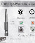 Eight Piece Torx Star Security Screwdriver Bits Set Magnetic Tamper Proof T8 T10 T15 T20 T25 T27 T30 T40 2 inch S2 Steel bit for 5 Point Torx screws.