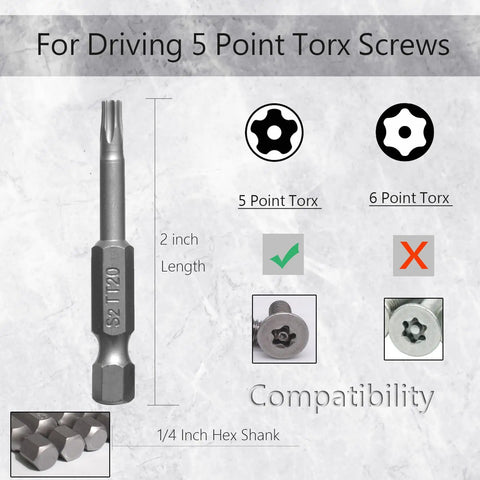 Eight Piece Torx Star Security Screwdriver Bits Set Magnetic Tamper Proof T8 T10 T15 T20 T25 T27 T30 T40 2 inch S2 Steel bit for 5 Point Torx screws.