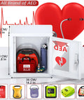 Front view of NLShan AED cabinet wall mount; white steel case with clear window and red medical kit inside