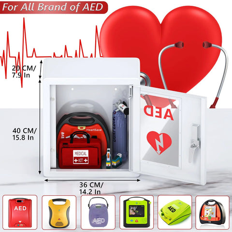 Front view of NLShan AED cabinet wall mount; white steel case with clear window and red medical kit inside