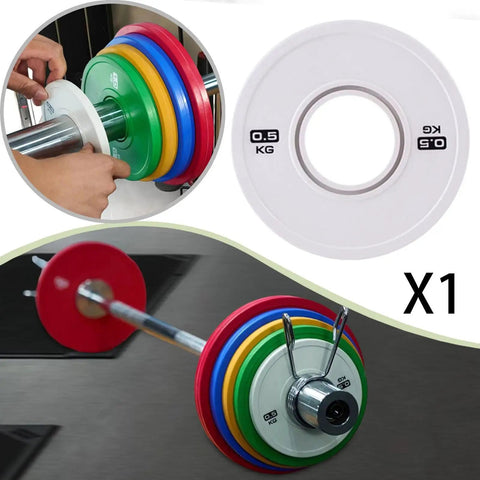 0.5 Kg Barbell Change Plate With Grooved Inner Design for Stable Lifts, shown in white next to multicolored plates