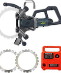 Pro Grade 8800W Electric Circular Saw Featuring 27 Cm Deep Cutting Grooves For Concrete Granite Porcelain And Wood With Pure Copper Brushless Motor At 3000 Rpm Includes Dual Diamond Blades, close-up view of saw and dual blades.