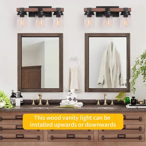 Industrial Rustic Farmhouse Vanity Light Fixtures Three Light Over Mirror With Pretty Glass Shades In Black Metal Wood Look