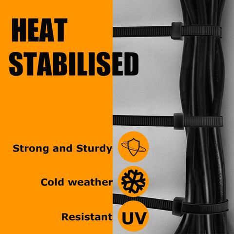 Ultra Heavy Duty Black Zip Ties 12 Inch Long 250 Pound Tensile Strength 250 Piece Kit bundled on wires, UV resistant, heat stabilised.
