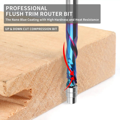 Compression Spiral Flush Trim Router Bit With Bottom Bearing Pro Grade One Quarter Inch Shank One Inch Cut Length Solid Carbide CNC Spiral Bit Nano Coating for smooth cuts displayed on wood surface