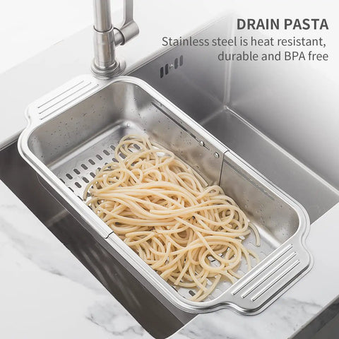 Extendable Over Sink Colander In Stainless Steel straining pasta, fits most sinks, 8.3W x 13.2-17.5L x 3H inches