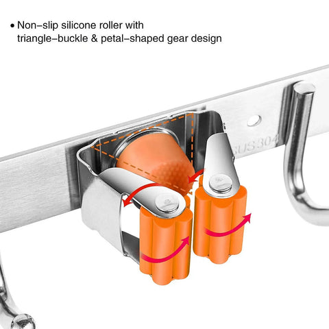 Close-up of Orange Stainless Steel Broom Mop Holder Wall Mount Organizer with non-slip silicone roller and gear design