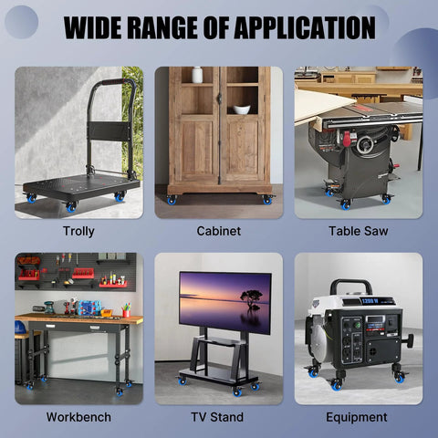 Image showing applications of 2 Inch Heavy Duty Threaded Stem Caster Wheels Set Of 4 With 3/8-16 Threaded Screws on various furniture and equipment.