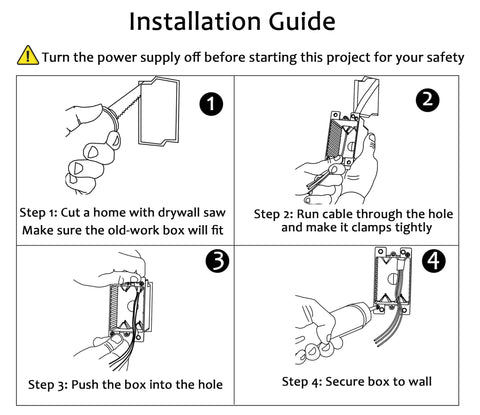 Installation steps for Three Pack Single Gang Electrical Outlet Box 14 Cubic Inch Old Work Box UL Listed Thermoplastic Construction.