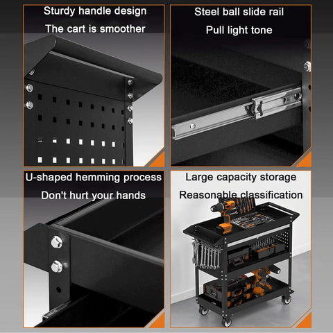 Built Tough Heavy Duty Steel Push Cart With Three Tier Shelves Lockable Drawer And Pegboard Organizer For Garage Shop Setup Smooth Gliding Casters On Hard Surfaces