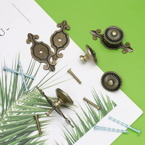 8 Piece Vintage Cabinet Knobs Set In Solid Antique Brass With Backplates Mushroom Pull Handles displayed with screws
