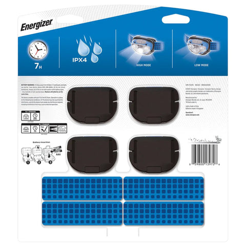 Back packaging of Vision LED Headlamp 200 Lumen 4 Pack With 12 AAA Batteries Included, featuring item details and features.