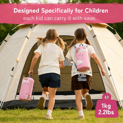 Kids Sleeping Bag For 3 4 Seasons With Compression Sack Lightweight 2.2 Lbs, two children carrying pink bags towards a tent