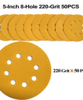 Aiyard 5-Inch 8-Hole Hook-and-Loop Sanding Discs, 220-Grit, yellow, 50-pack; stack of discs and a close-up of a single disc.