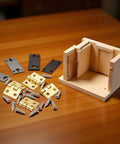 Miniature Door Hinges Set For Dollhouse 1/12 Scale With 4 Hinges And 16 Screws shown with wooden model and hardware