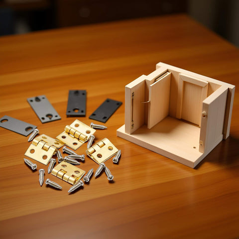 Miniature Door Hinges Set For Dollhouse 1/12 Scale With 4 Hinges And 16 Screws shown with wooden model and hardware