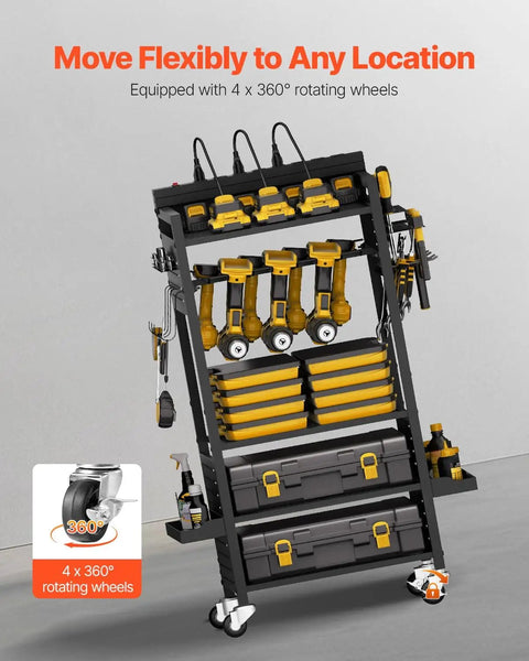 5 Tier Tool Cart With Charging Station And Eight Outlet Bank On Wheels Mobile Drill Holder And Battery Storage Rack in garage