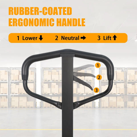 Rubber-coated ergonomic handle of Apollolift Hydraulic Pallet Jack Truck, 5500 Lb Capacity with lift indicators for industrial use.