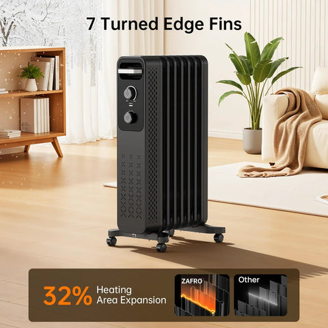 ZAFRO 1500W black oil-filled radiator heater with 7 fins, 3 heat settings, on caster wheels in living room