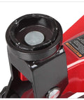 Close-up of 2 Ton Hydraulic Trolley Floor Jack With Blow Mold Carry Case Heavy Duty Steel Build, red and black frame