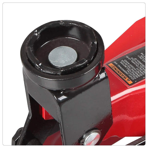 Close-up of 2 Ton Hydraulic Trolley Floor Jack With Blow Mold Carry Case Heavy Duty Steel Build, red and black frame