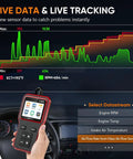All In One OBD II Diagnostic Tool With Battery Tester, Code Reader for Check Engine Light displaying live data on screen